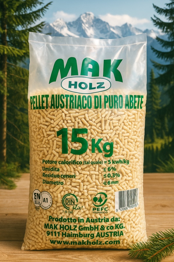 Pellet MAK HOLZ Abete A1 ENplus – Bancale 72 Sacchi da 15 kg – Alta resa calorica