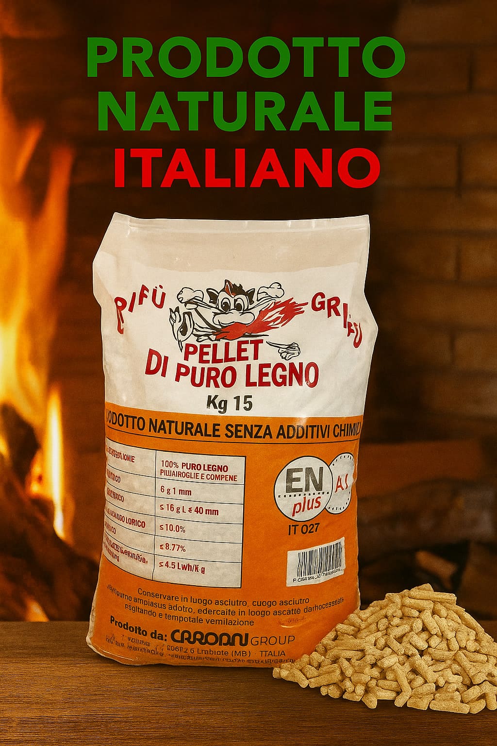 Pellet GRIFÚ MISTO Faggio/Abete ENplus A1 – Bancale 70 sacchi da 15 kg – Prodotto in Italia